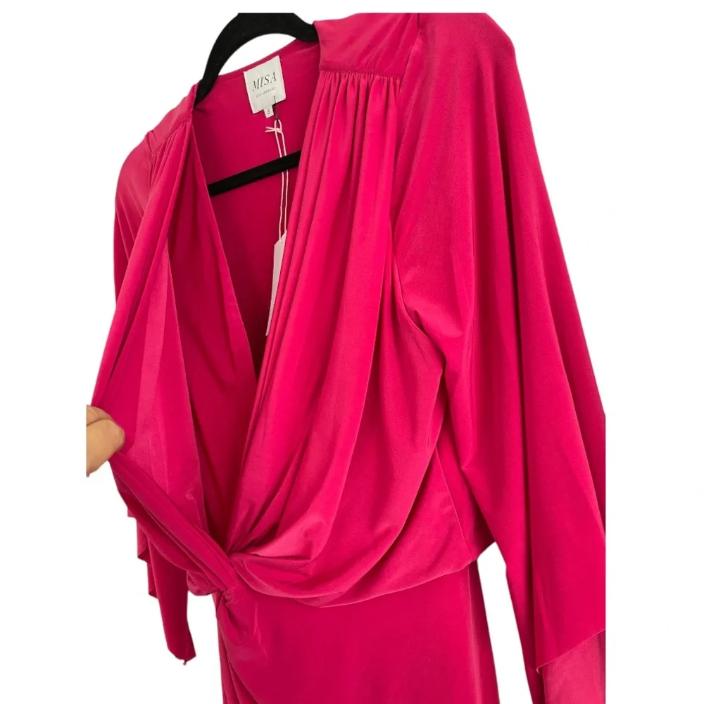Misa Hot Pink Barbie Ruched Tie Knot Teget Jersey Dress NWT Size Small - Picture 4 of 7